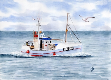 Poster DIN-A3  Aquarell Maritim Kunst Druck Kunstdruck Dänemark Nordsee Hirtshals Fischerboot Kutter Fischkutter blau Meer Boot Möwen